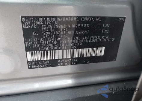 2021 Toyota Rav4 Hybrid Xle z USA, uszkodzony, nr VIN 4T3RWRFV4MU039463